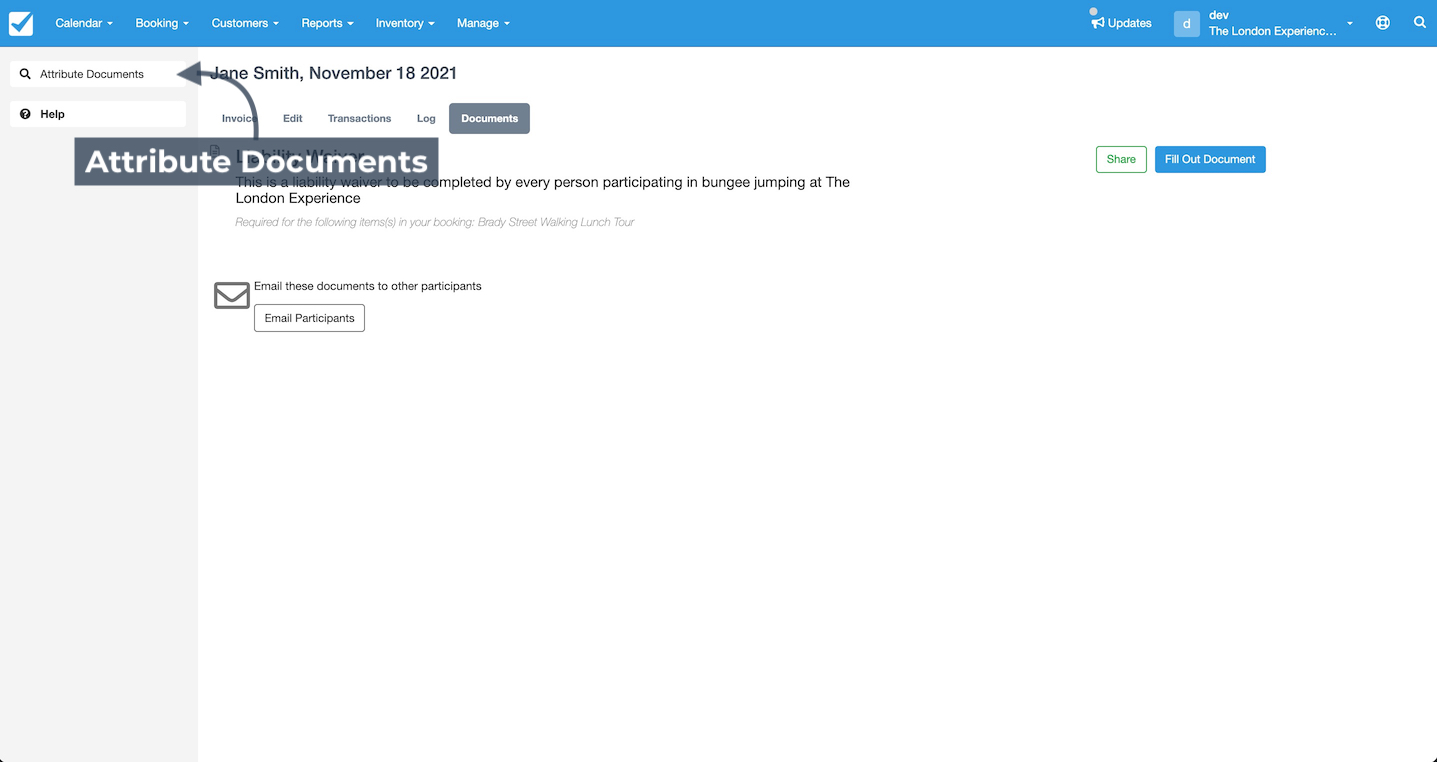 Booking details screen, displaying an option to attribute documents, with a focus on assigning liability waivers to participants.