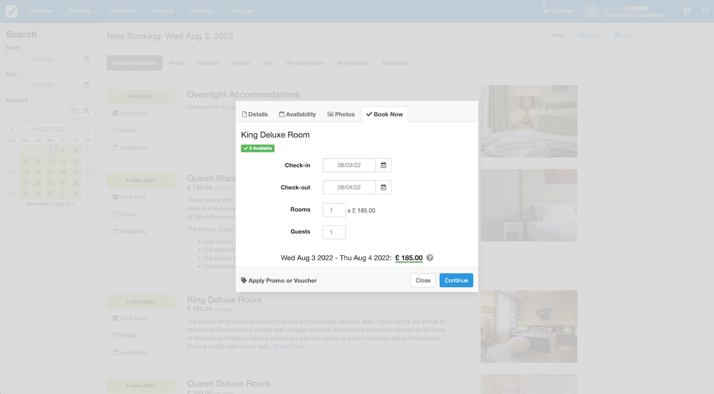 Booking pop-up for King Deluxe Room with check-in and check-out date selectors, room and guest quantity fields, and price displayed.