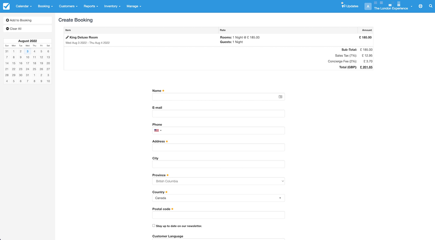 Create booking form displaying selected King Deluxe Room details at the top and customer information fields below.