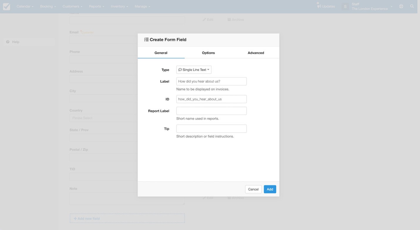 Create form field window with a single line text type selected, label field filled with how did you hear about us?, ID auto-filled as how_did_you_hear_about_us, and blank report label and tip fields.