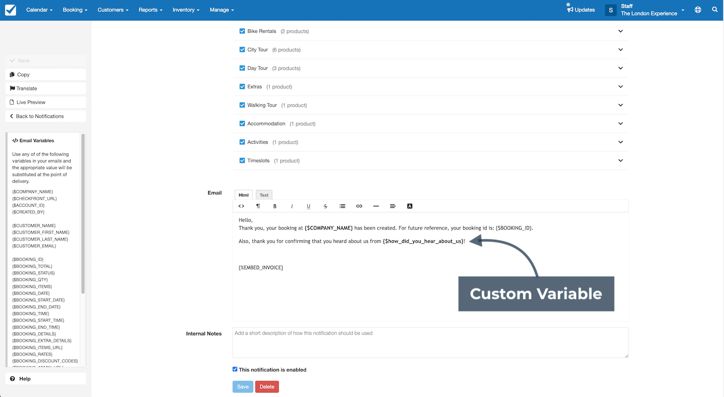 Email notification editor showing a custom variable inserted into the email body, referencing the field how did you hear about us, with a pointer labeled custom variable.