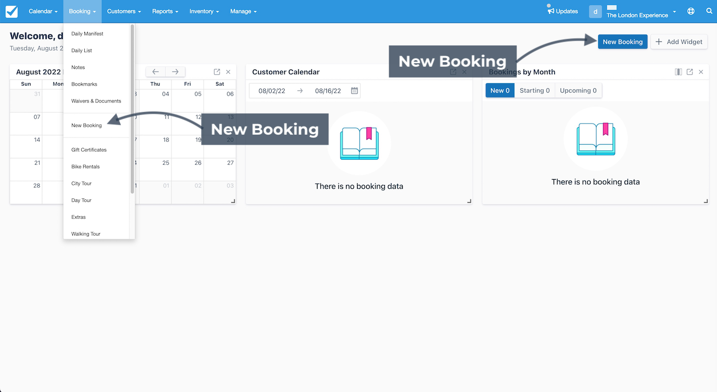 Checkfront dashboard with multiple New Booking entry points highlighted in the navigation menu, calendar, and dashboard widget.
