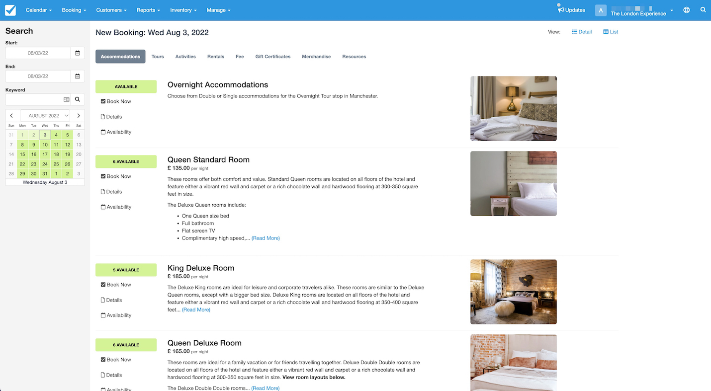 New booking page showing available overnight accommodations and room types with images, descriptions, and prices.
