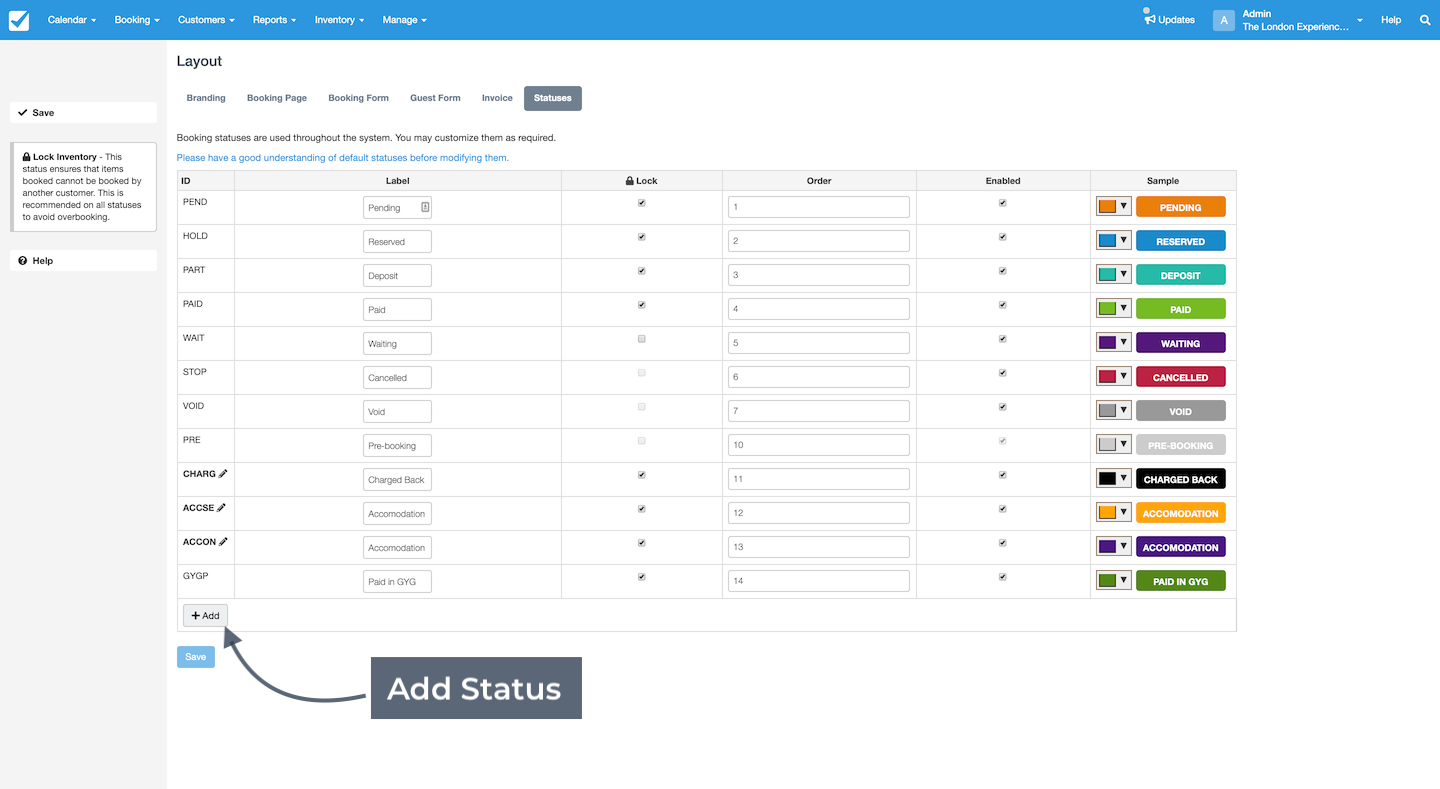 Layout settings page showing a list of booking statuses with an option to add a new status.