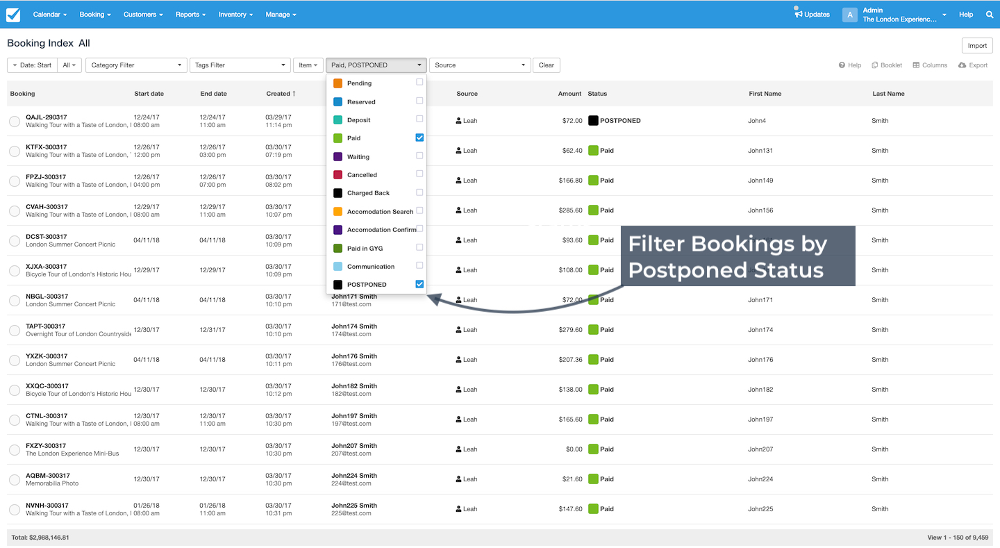 Booking index page with filters applied to show bookings by postponed status.