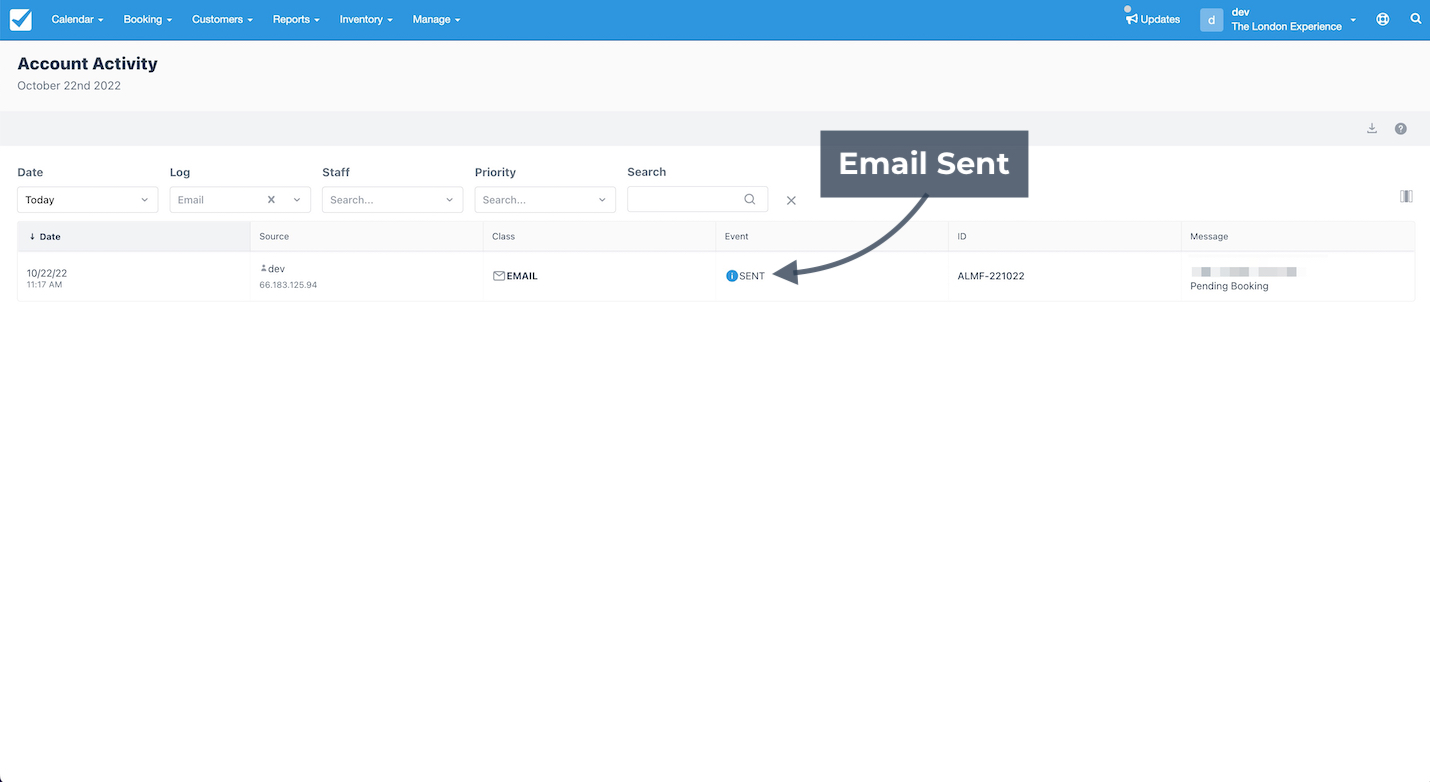 Account activity log showing an email sent entry for a pending booking.