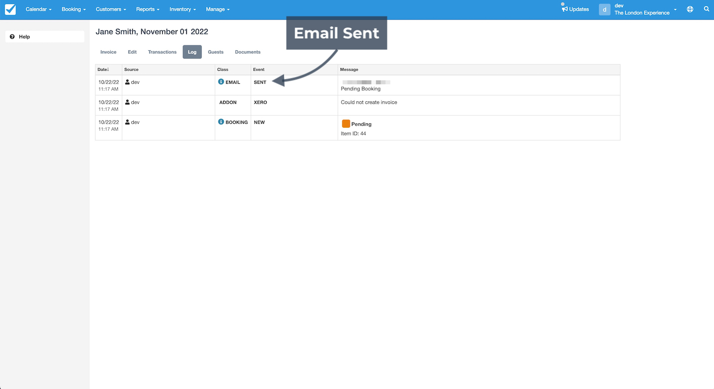 Booking log for Jane Smith showing email sent, Xero invoice error, and a pending booking entry.