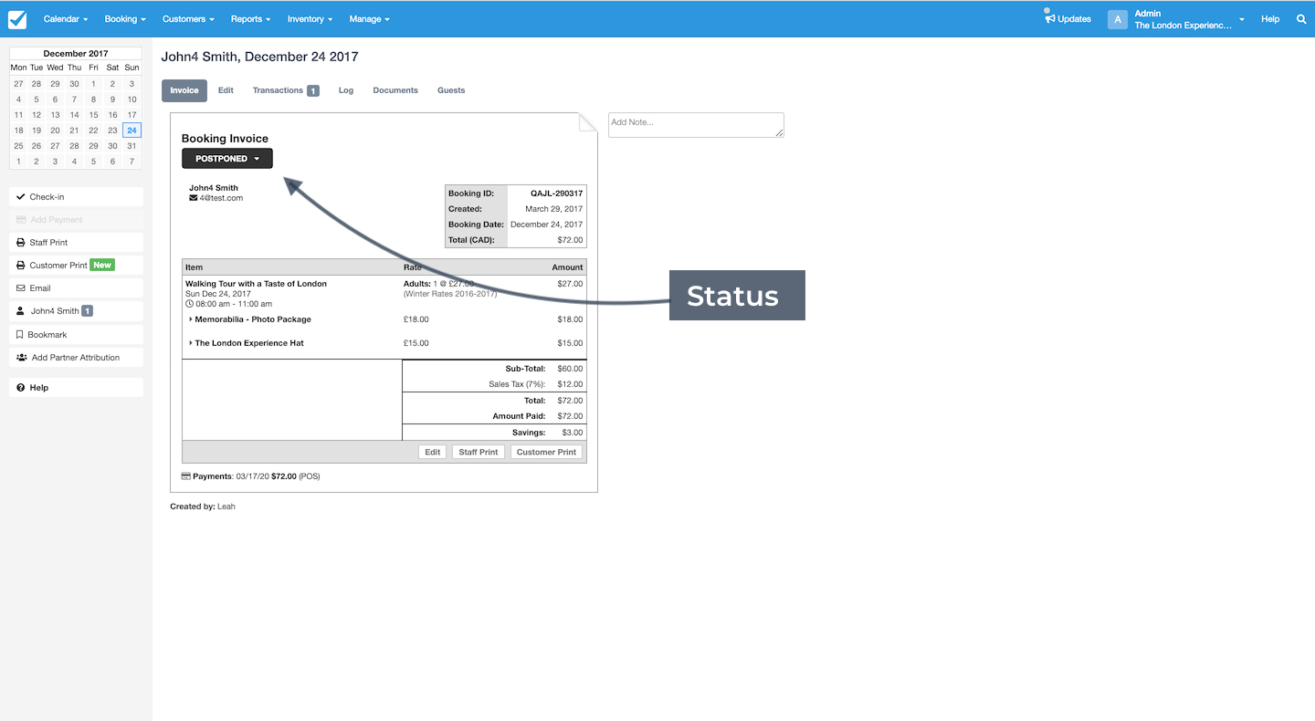 Booking invoice interface showing a postponed status label with customer and payment details.