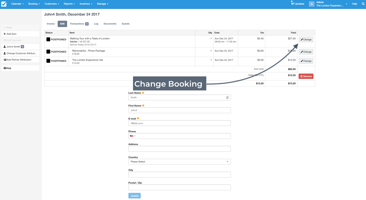 Booking edit screen displaying postponed booking items with editable customer details.