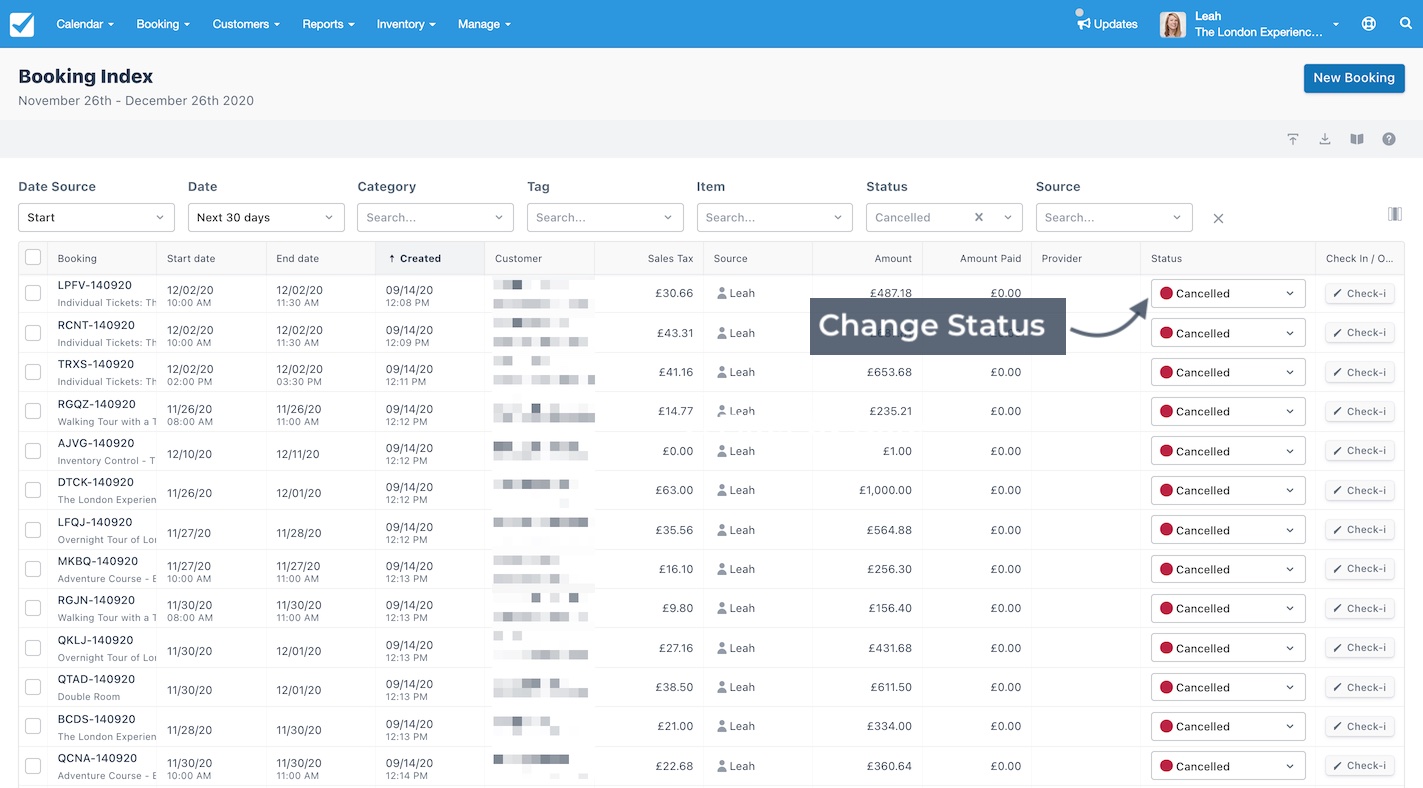 Booking index page showing a list of reservations with filters applied and an arrow pointing to the cancelled status column with the label change status.
