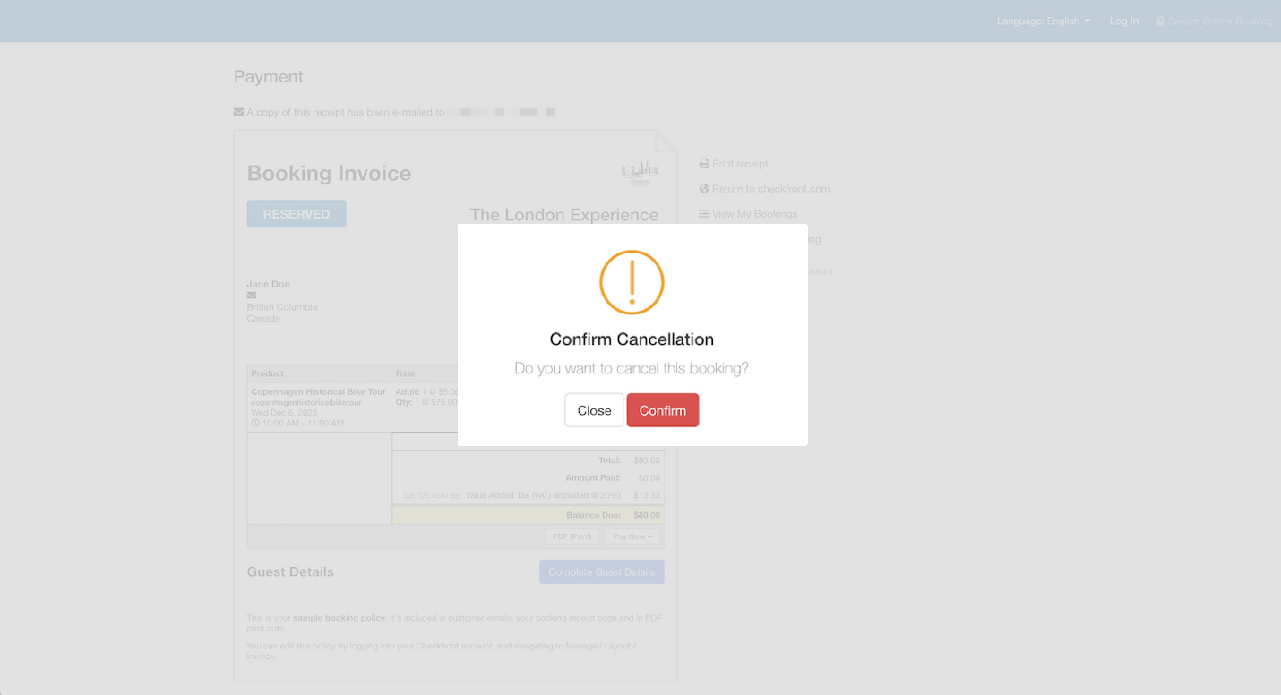 Booking invoice page with confirmation popup asking to confirm booking cancellation.