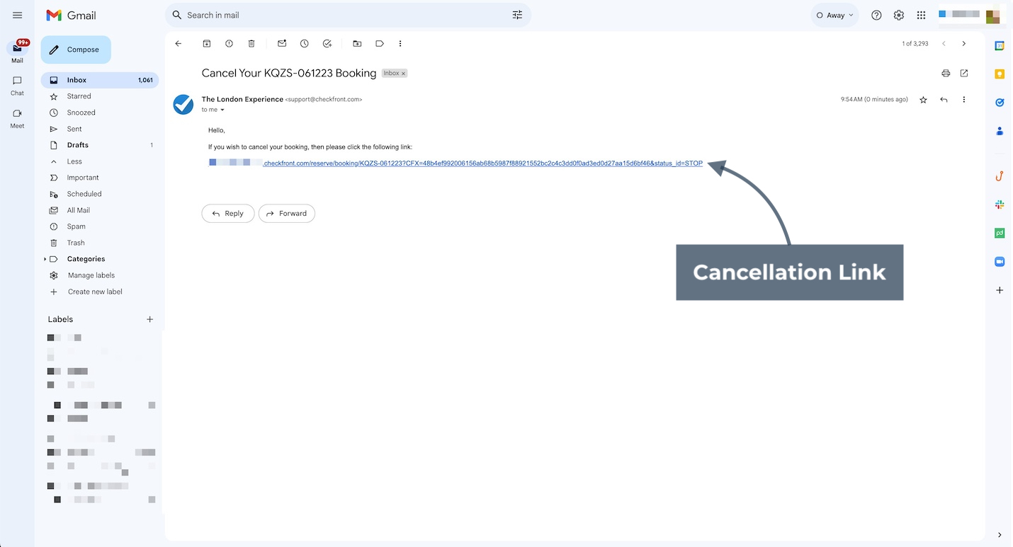 Customer email with cancellation link shown as hyperlinked text for booking cancellation.