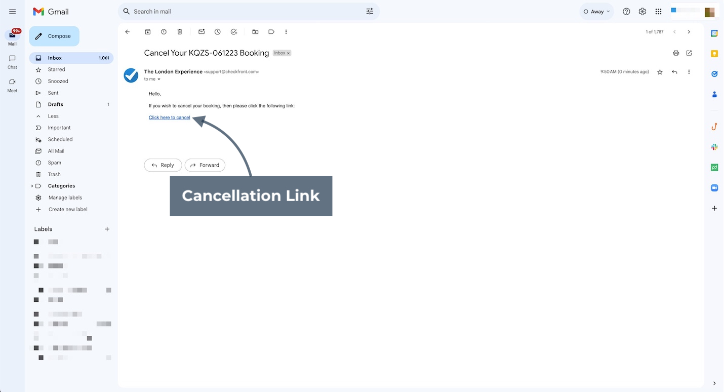 Customer email with cancellation link shown as hyperlinked text for booking cancellation.