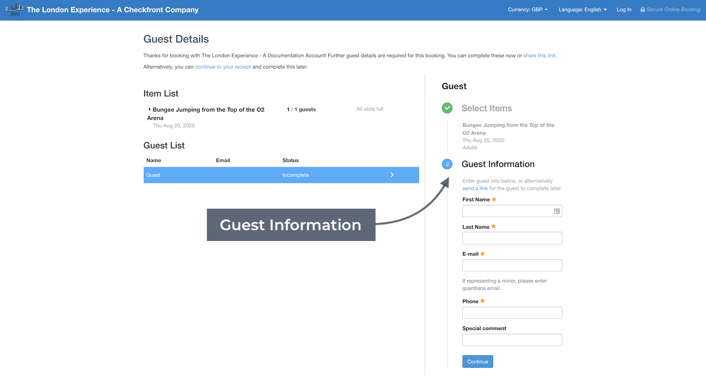 Booking guest details page showing guest information form with fields for first name, last name, email, phone, and special comment.