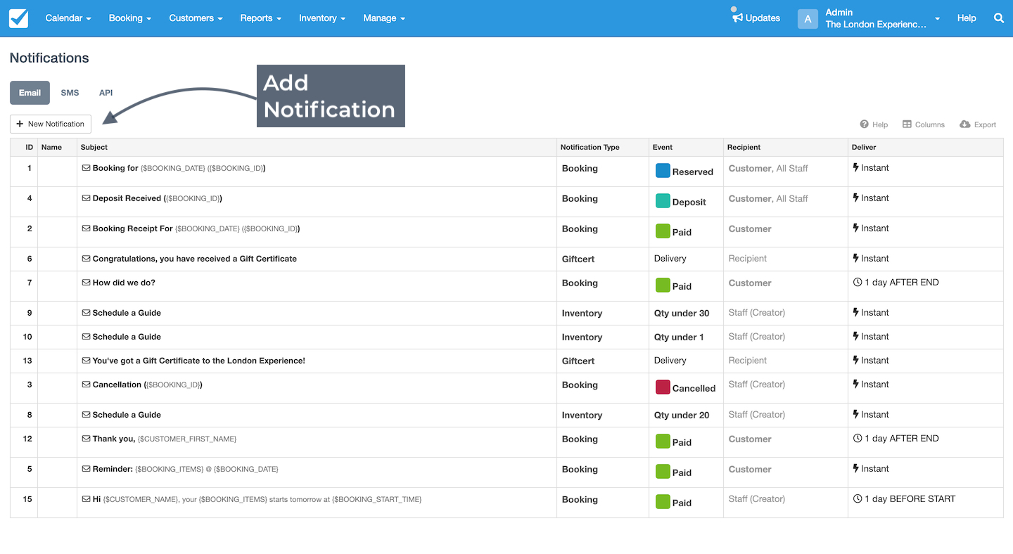 Notifications management page showing the option to add a new notification in the email tab for booking events.