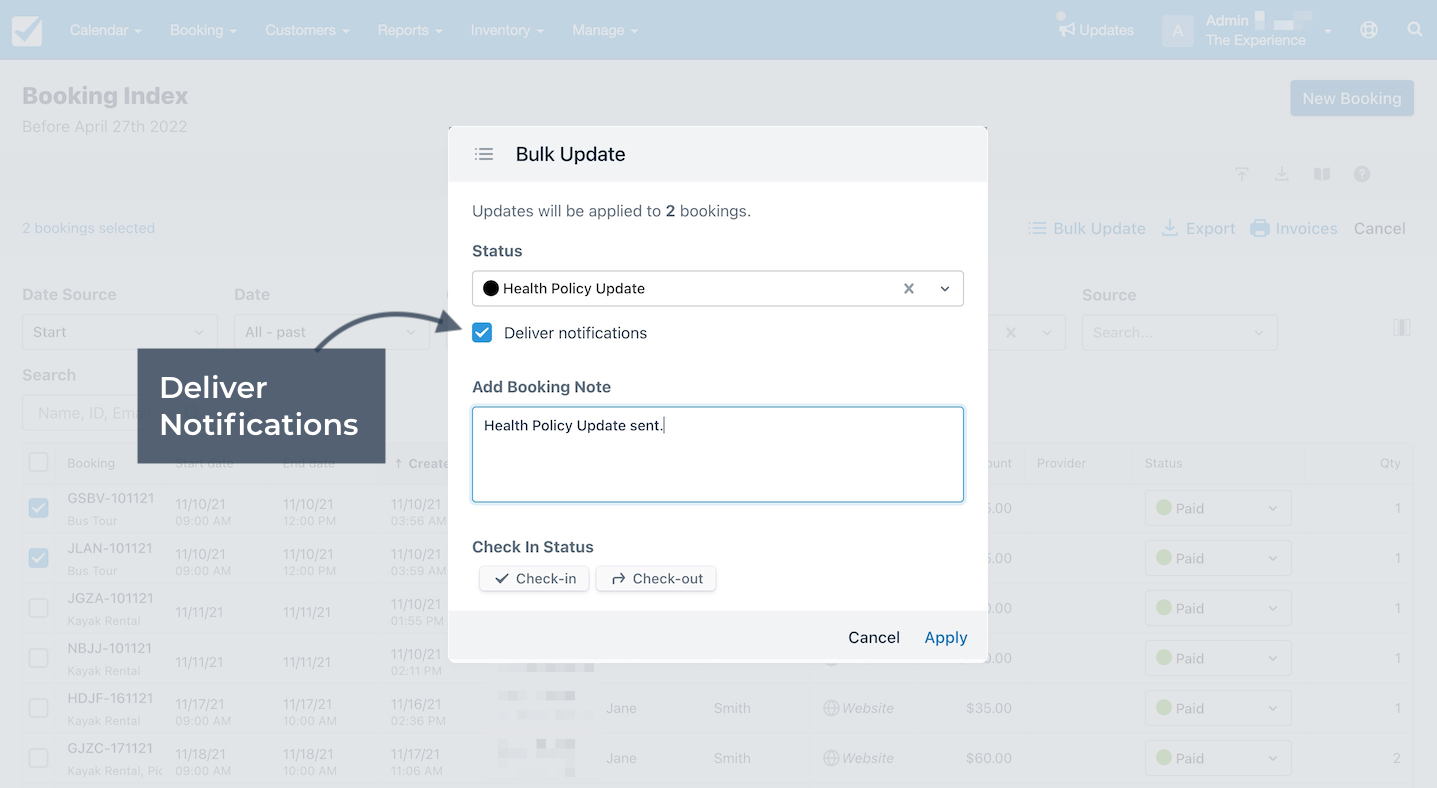Bulk update dialog with deliver notifications selected, demonstrating how to send health policy updates to bookings.