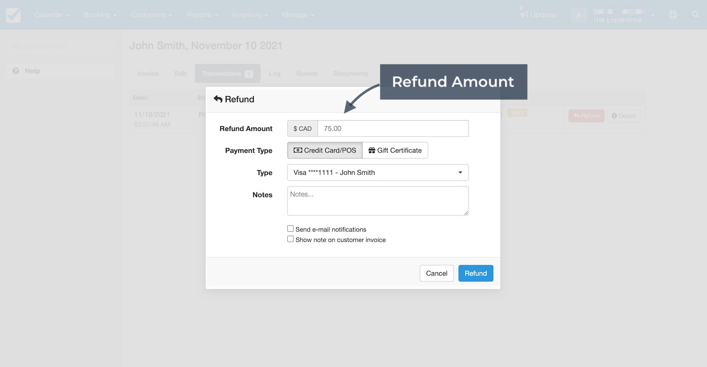 Refund window in booking software with fields for refund amount, payment type, card details, notes, and email notification options.