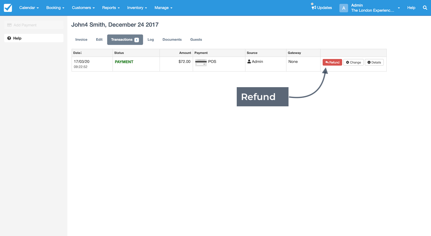 Booking system transactions screen showing a completed payment of 72 dollars with an option to issue a refund.