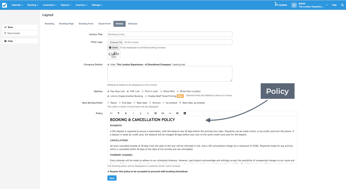 Booking system layout showing invoice settings with highlighted booking and cancellation policy section.