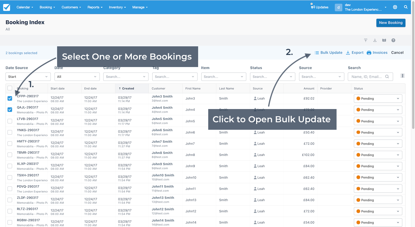 Booking index screen showing the option to select one or more bookings and click the bulk update button.