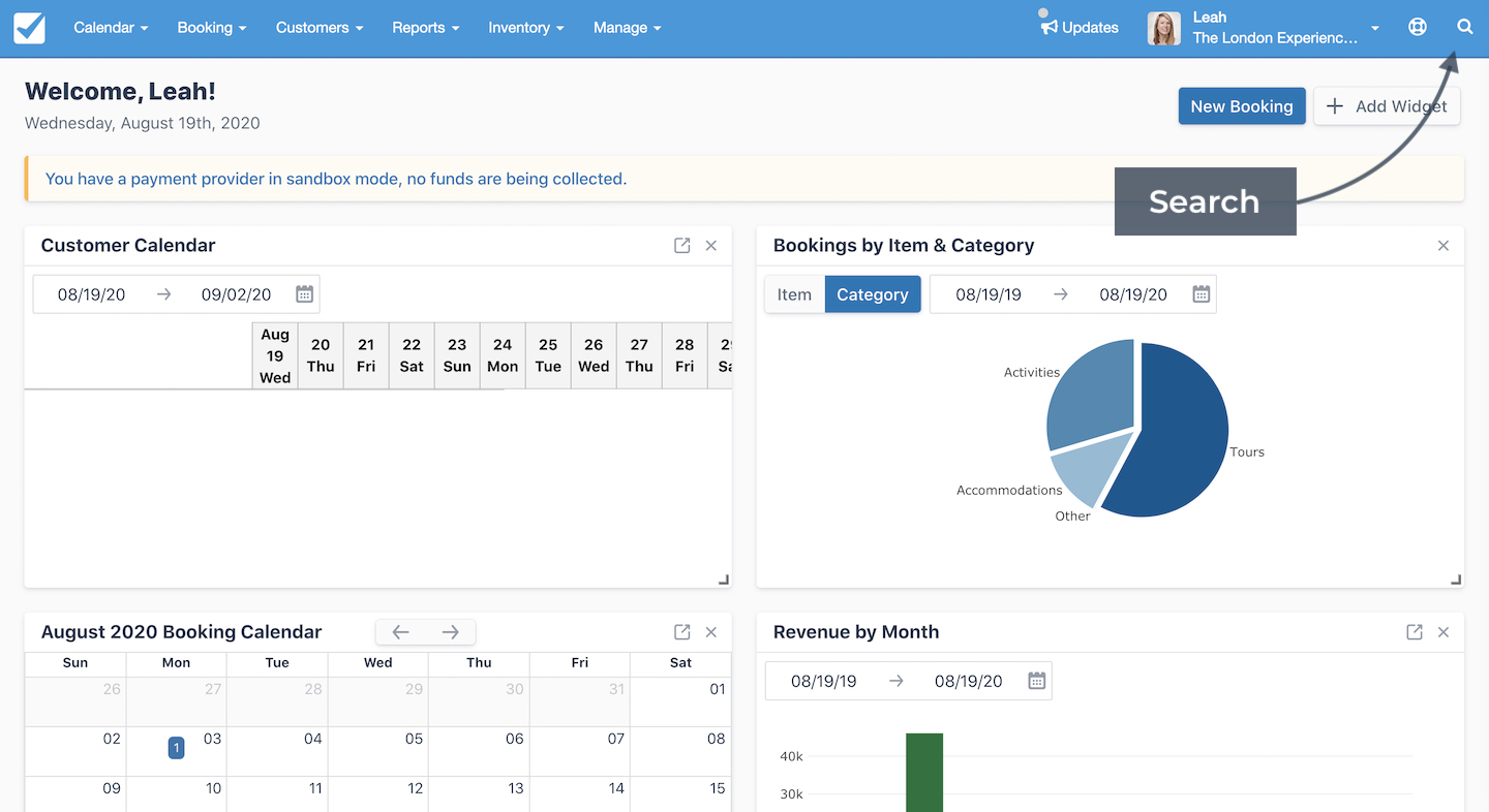 Dashboard view highlighting the search icon in the top navigation bar with an arrow labeled Search.