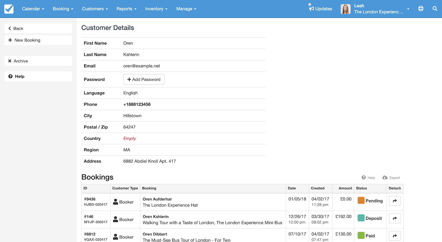Customer details page displaying customer information and booking history.
