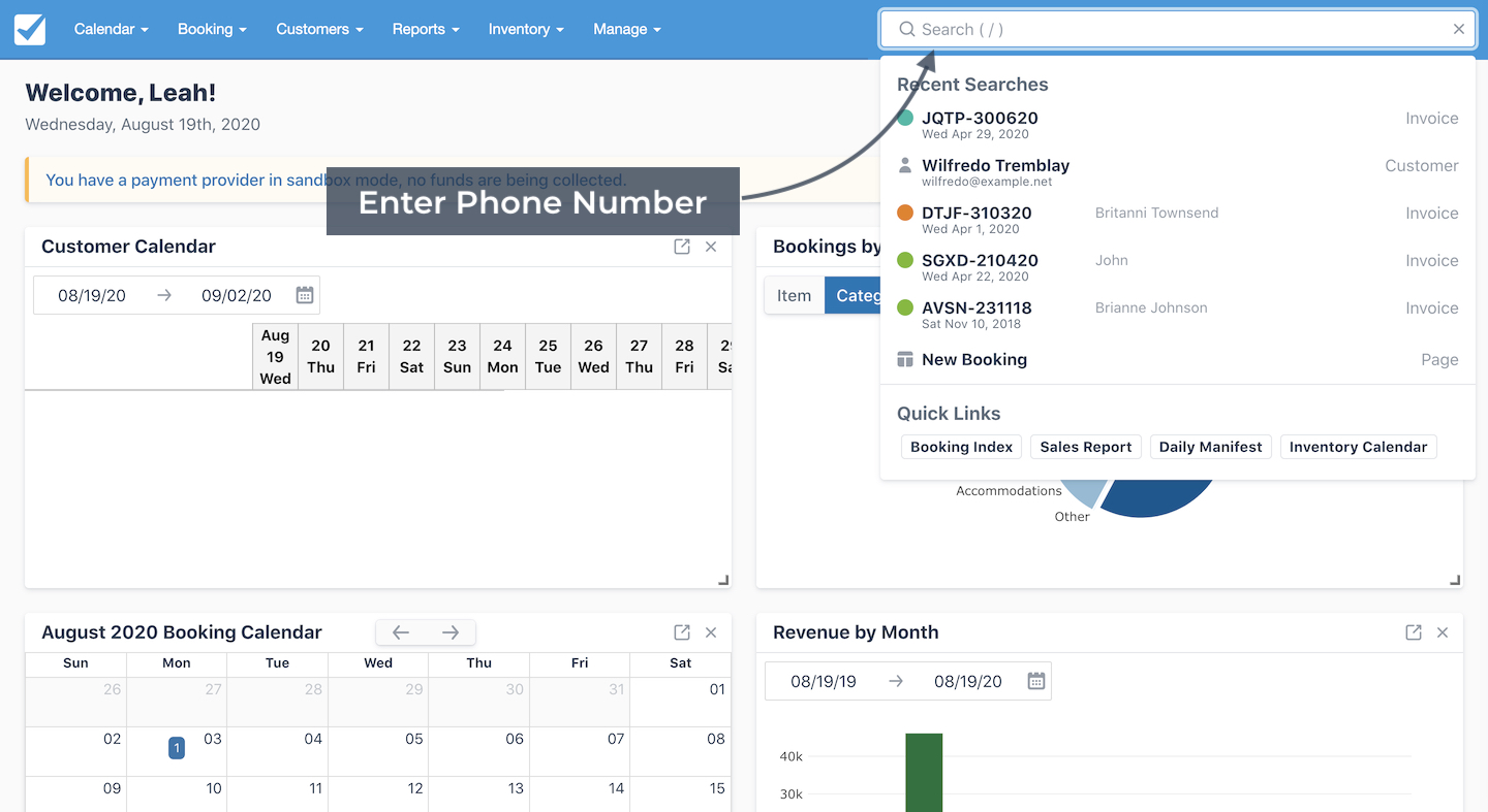 Dashboard view highlighting the search bar where a phone number is entered with an arrow labeled Enter Phone Number.