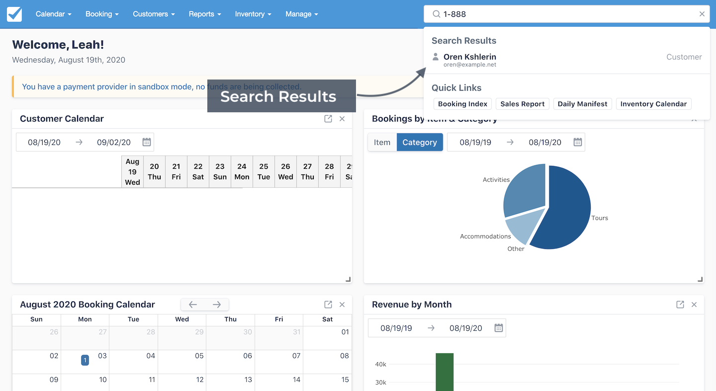 Dashboard view showing a search bar with dropdown results and an arrow labeled Search Results.