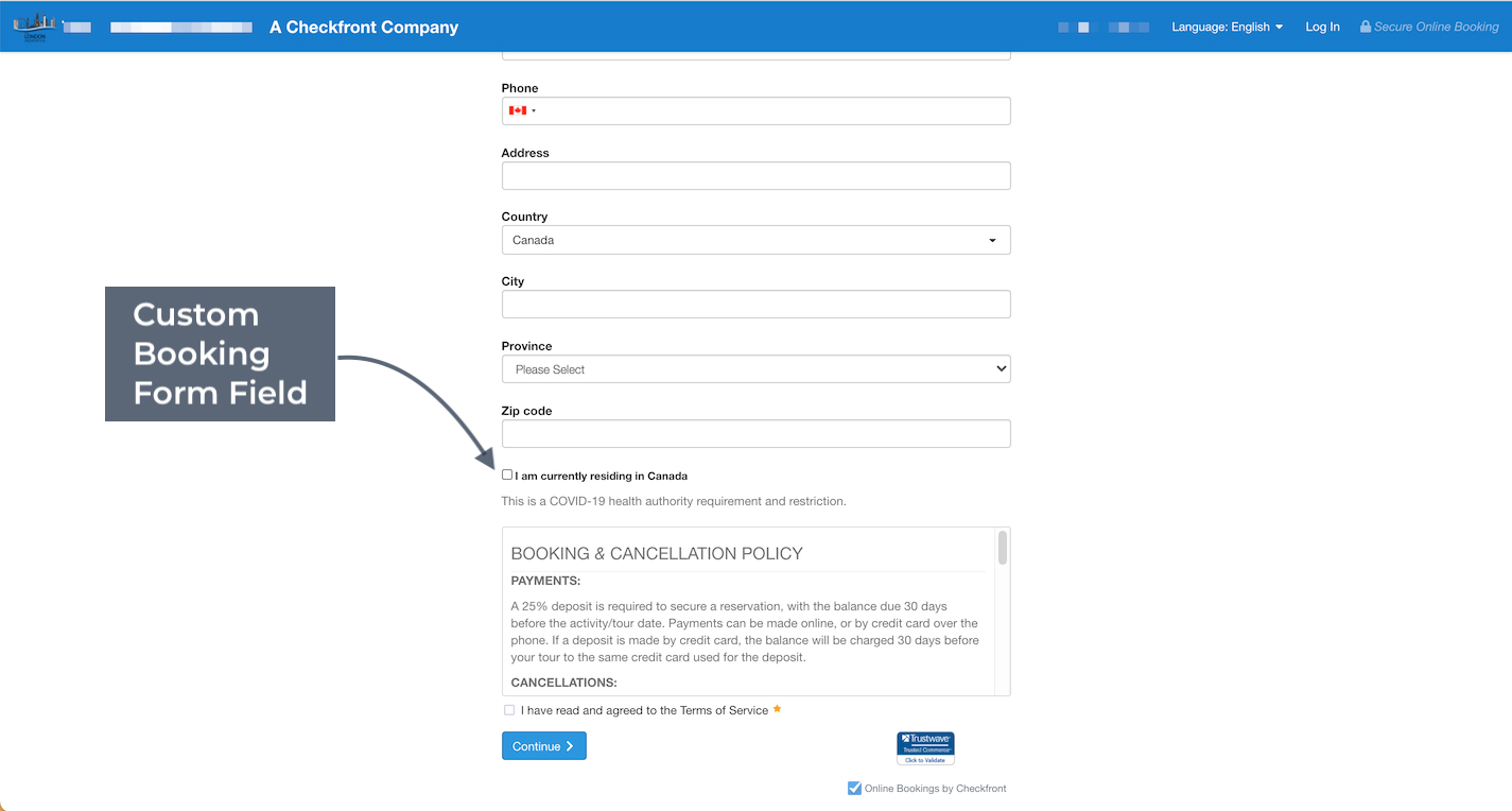 A booking form with fields for personal details and a custom checkbox confirming current residence in Canada as a COVID-19 requirement.