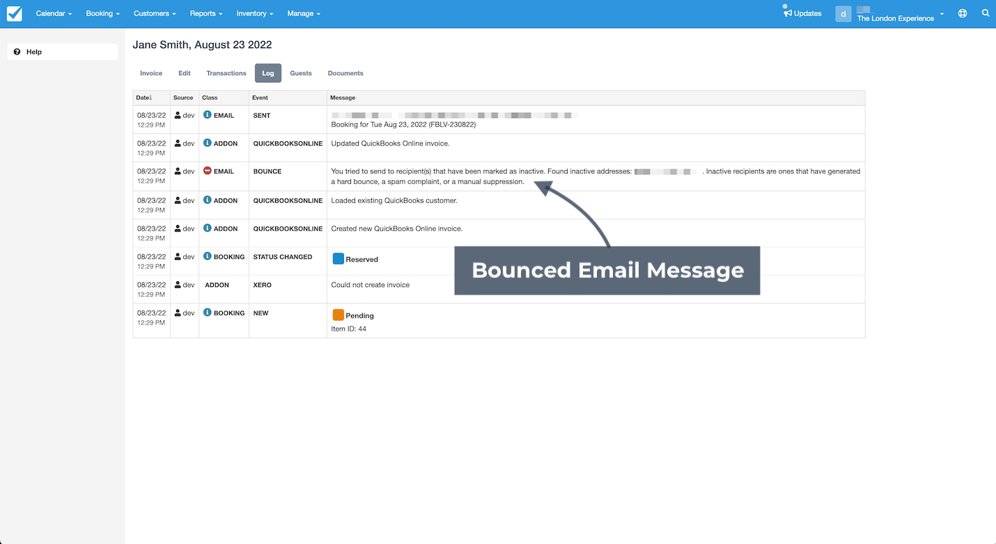 A booking log view highlights a bounced email message event indicating that delivery to the recipient failed.