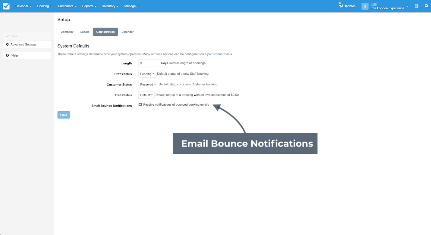 A system configuration screen shows the option to enable email bounce notifications for booking emails.