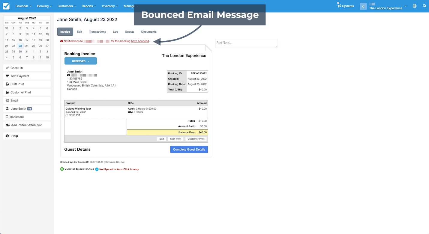 An invoice page displays a bounced email notification for a booking, showing that the message could not be delivered to the recipient.