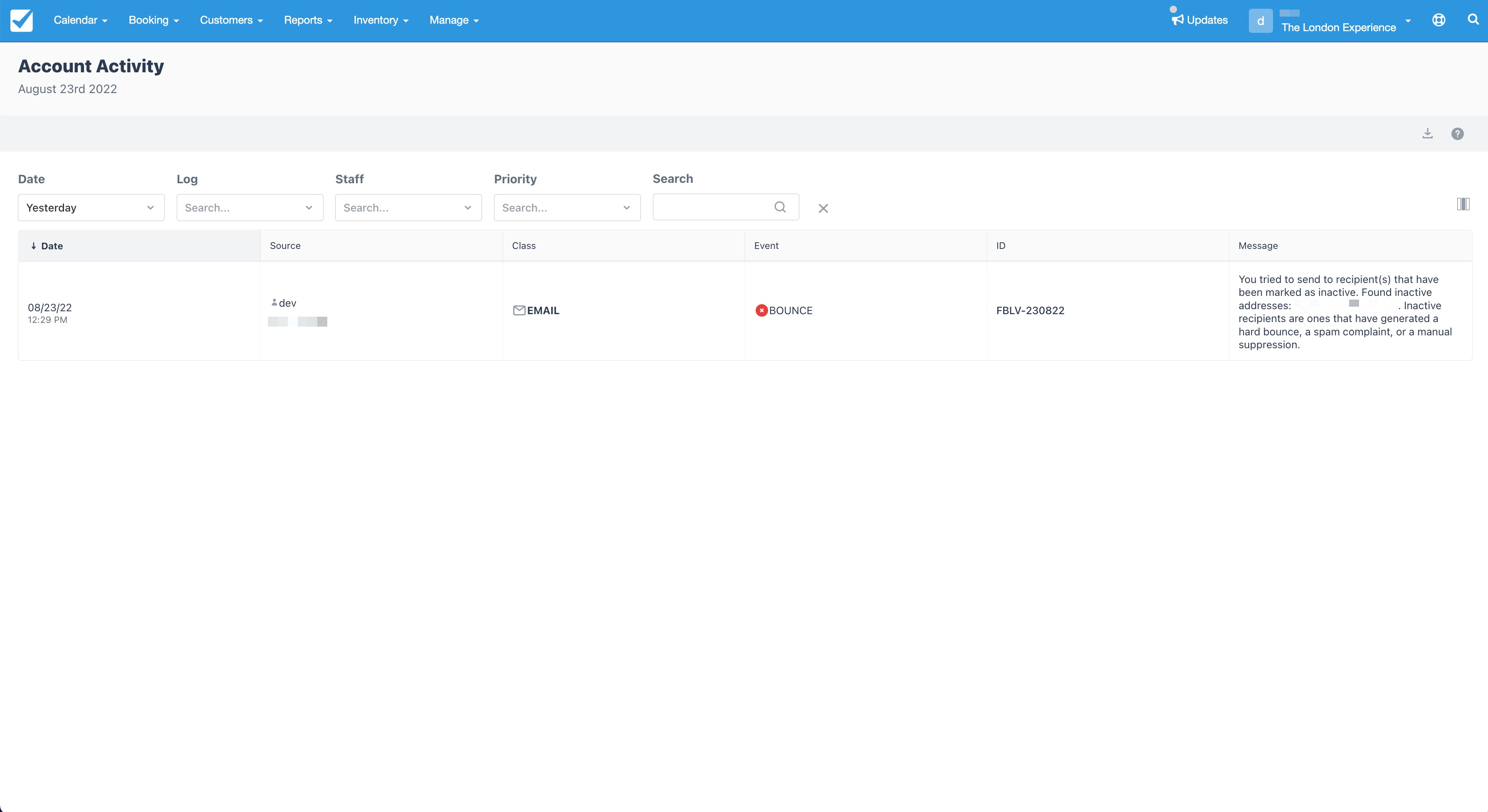 An account activity log lists an email bounce event with details about inactive recipients.
