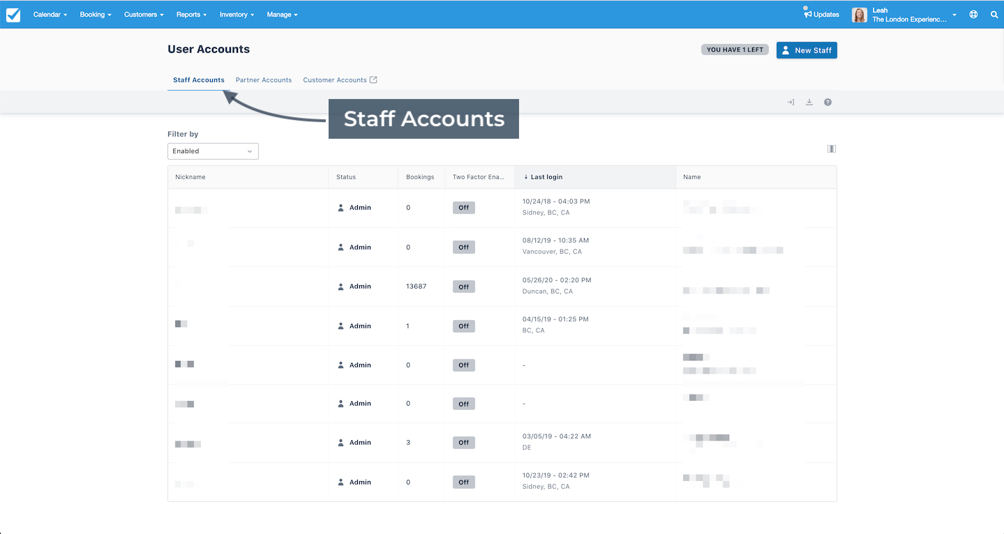 Staff accounts page showing a list of enabled admin users with details like nickname, status, bookings, two factor authentication, and last login information.