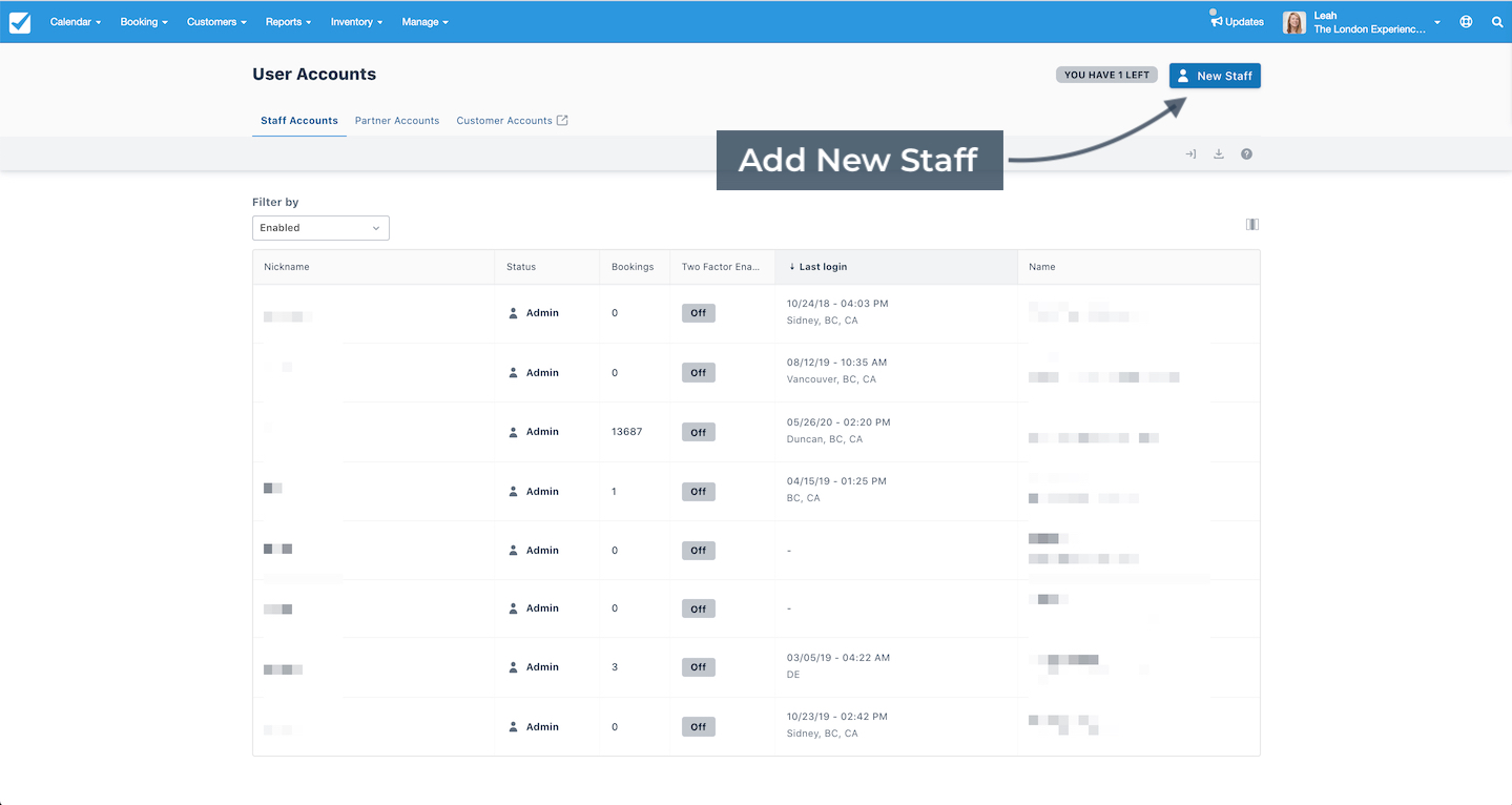 Staff accounts page with a highlighted button for adding new staff members.