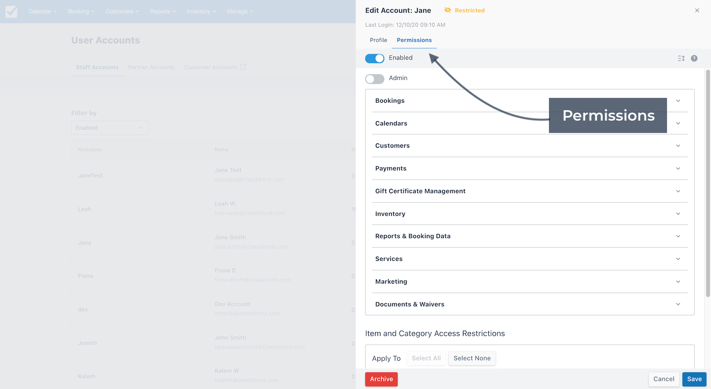 Edit account permissions screen displaying booking system access controls and category restrictions.