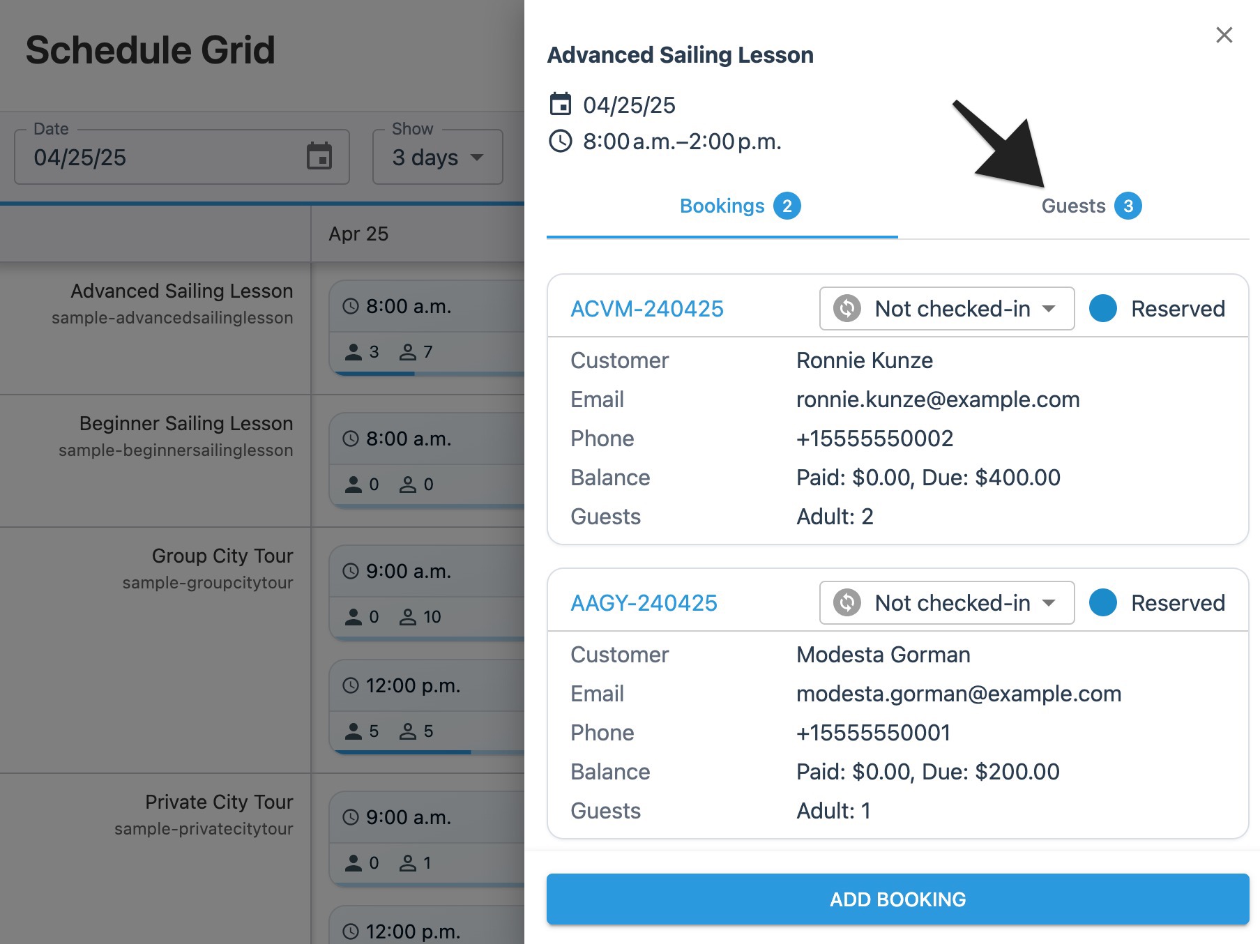 Schedule grid session drawer with annotation highlighting the ‘Guests’ tab.