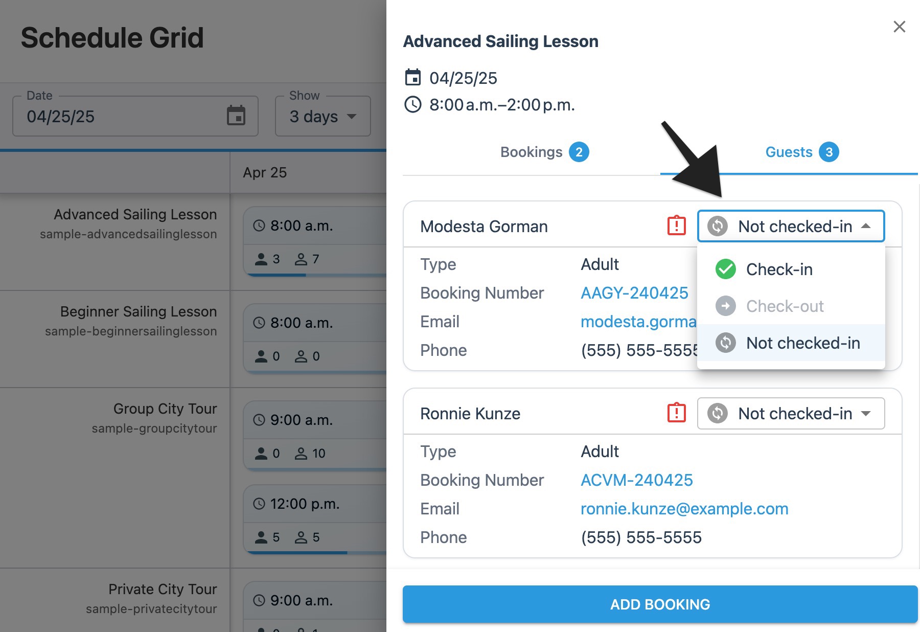 Schedule grid session drawer with annotation highlighting the check-in menu.
