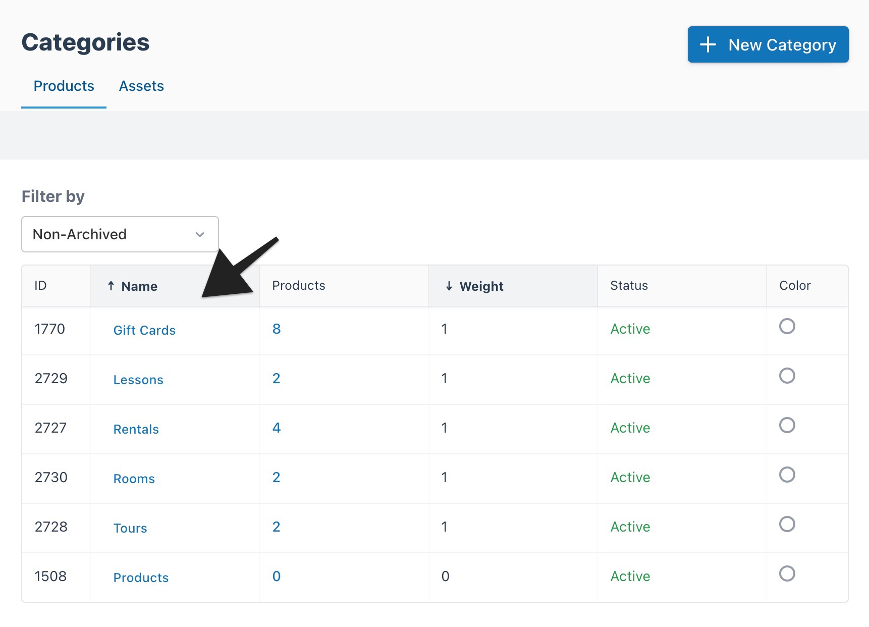 Categories page with an arrow pointing to category names to indicate selection.