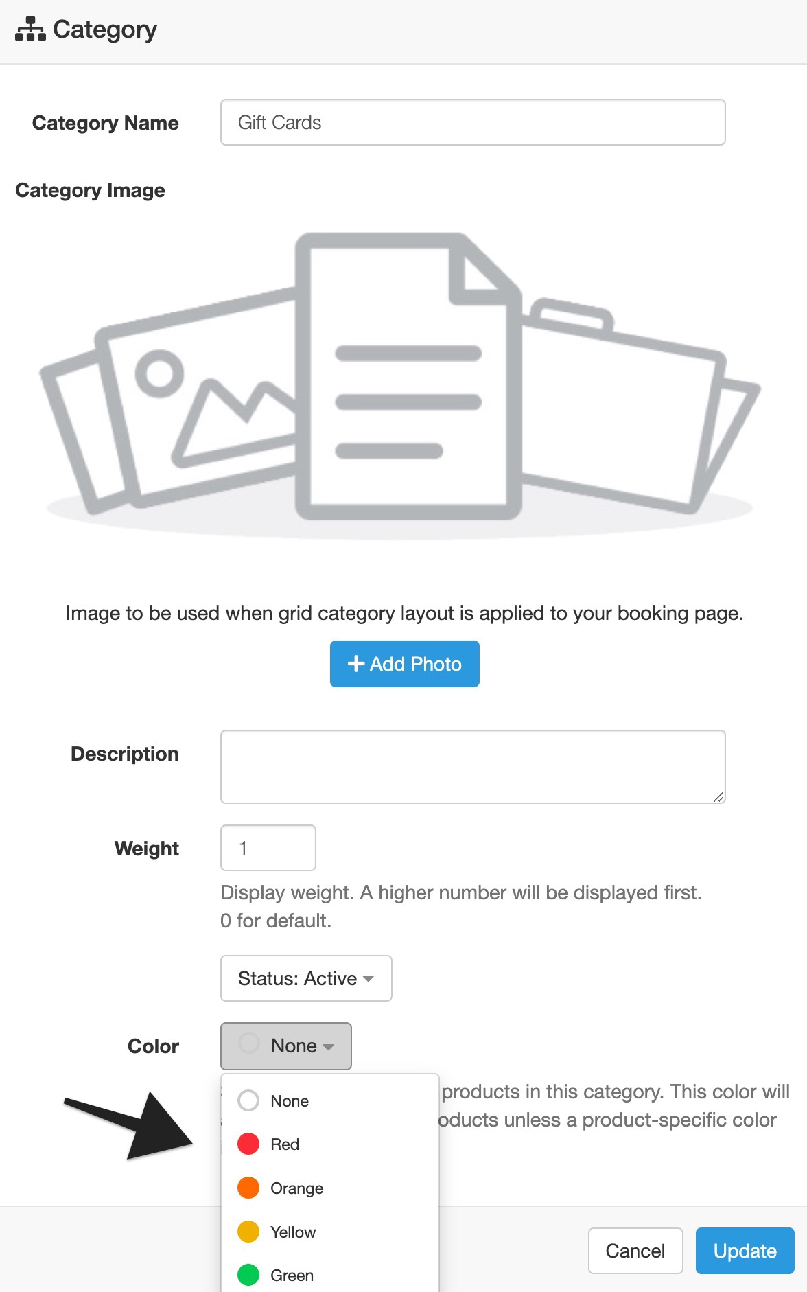 Category modal with an arrow pointing to color menu choices to indicate selection.