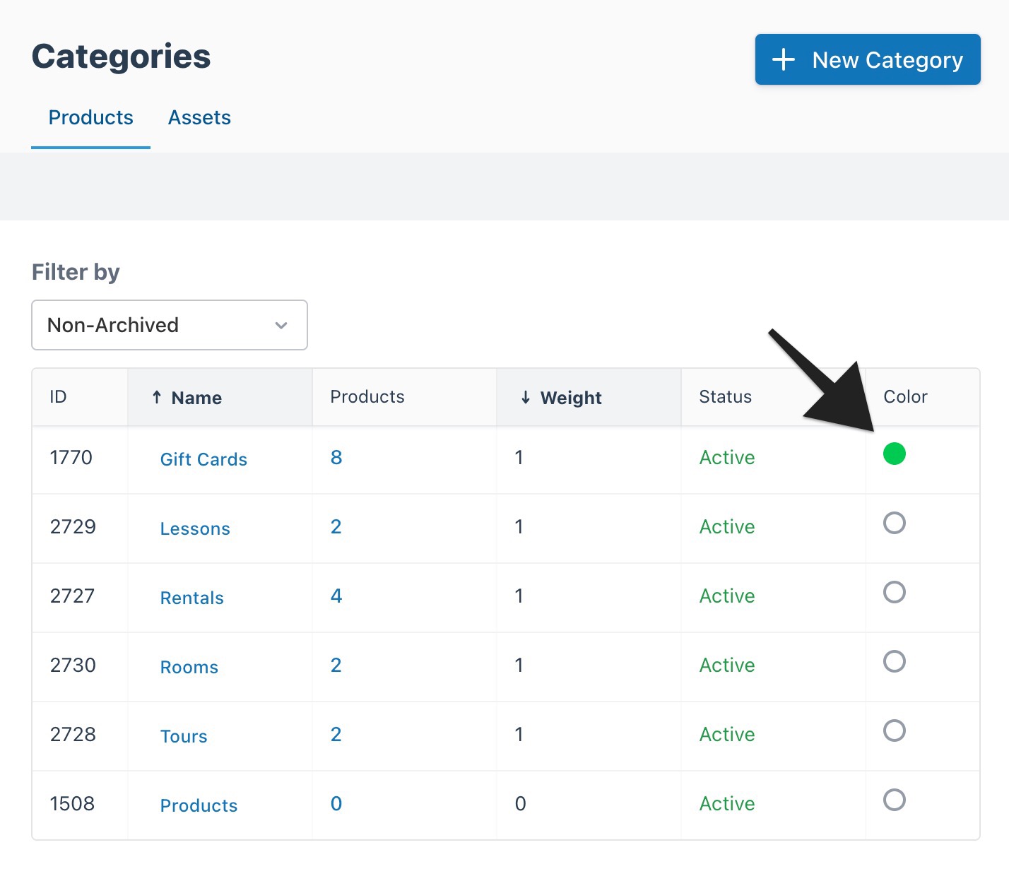 Categories page with an arrow pointing to the Color column, displaying a selected green color.