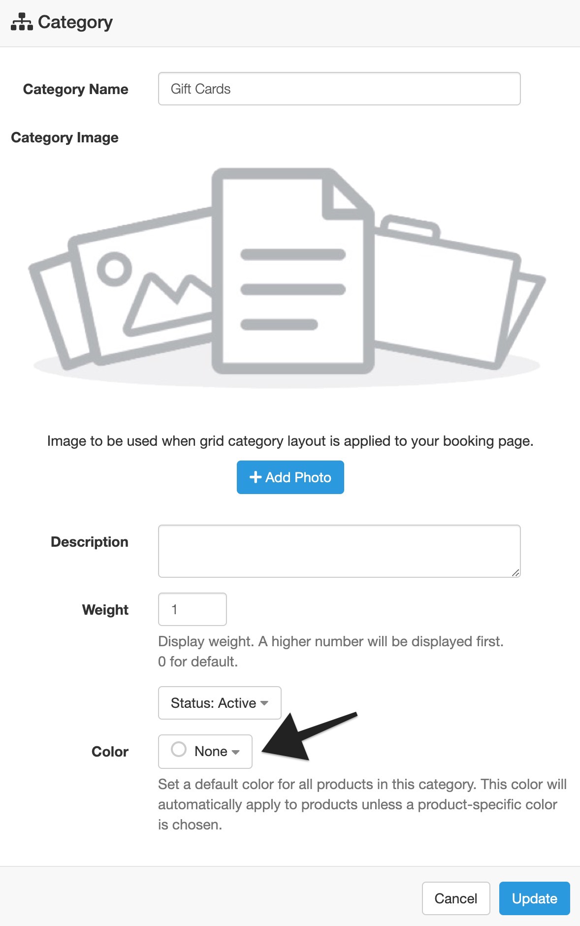 Category modal with an arrow pointing to the Color menu to indicate selection.