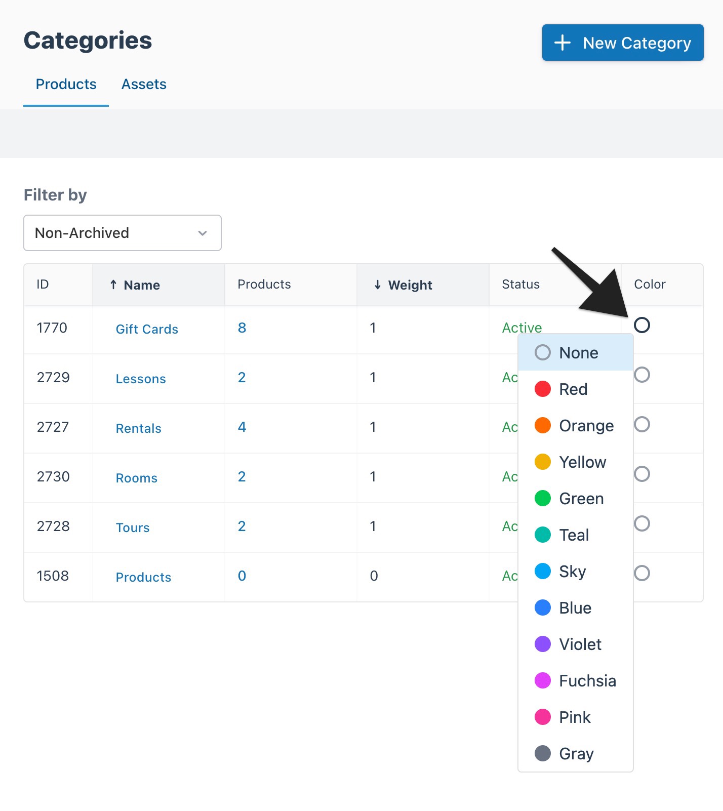 Categories page with an arrow pointing to the Color column, displaying an expanded color choice menu.