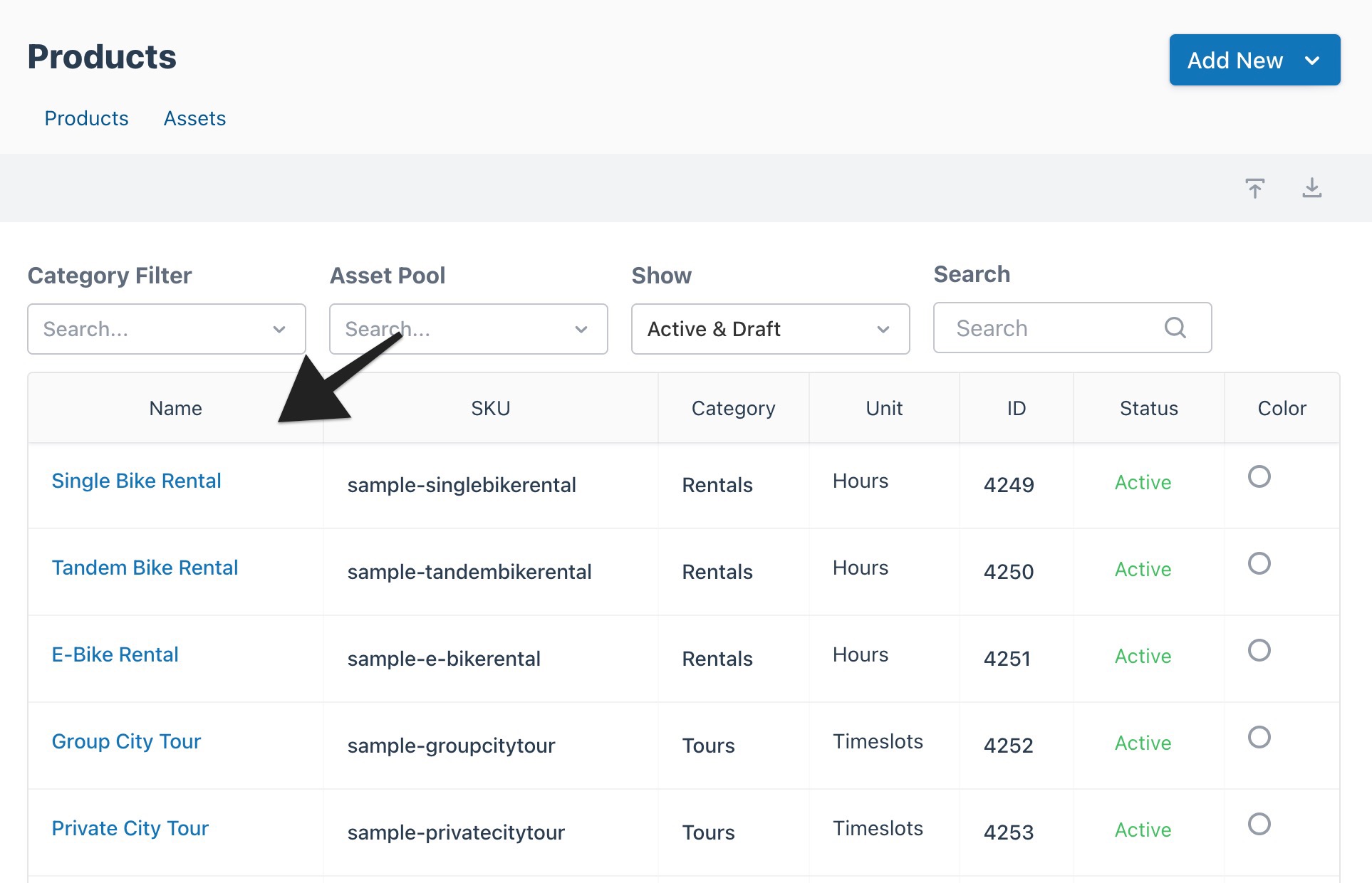Products page with an arrow pointing to product names to indicate selection.