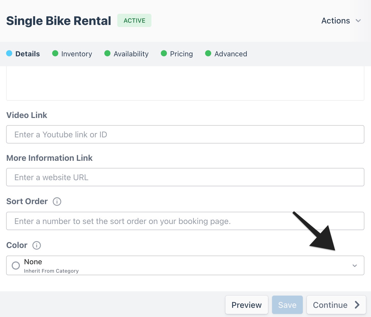 Product builder details page with an arrow pointing to the Color menu to indicate selection.