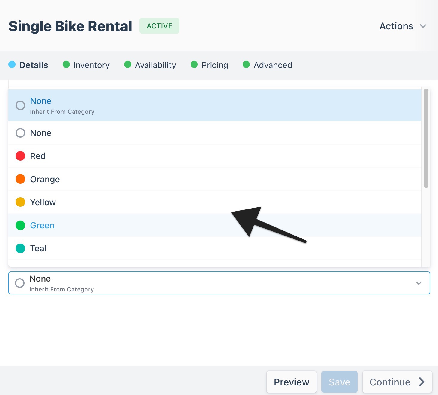 Product builder details page with an arrow pointing to color menu choices to indicate selection.