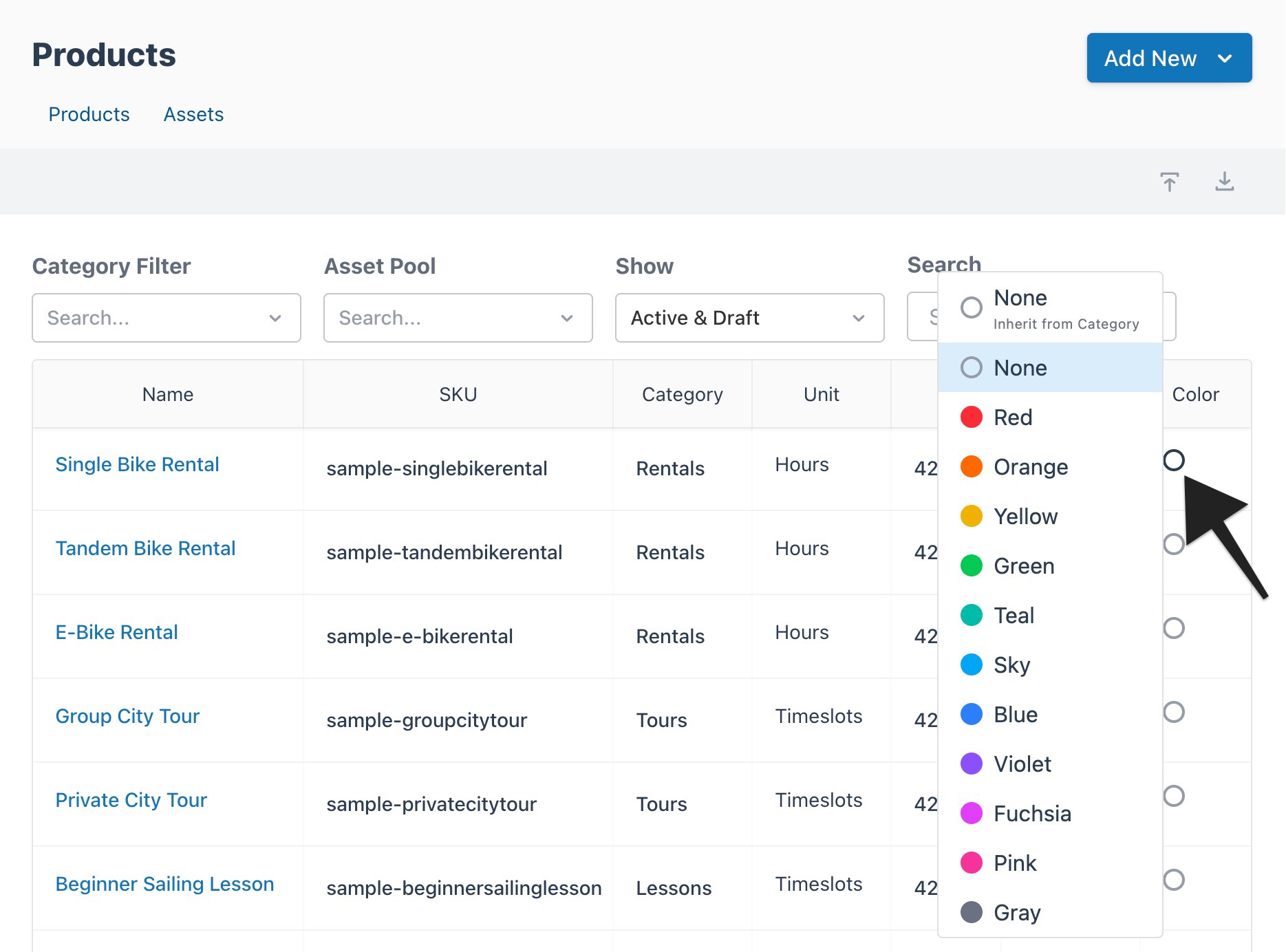 Products page with an arrow pointing to the Color column, displaying an expanded color choice menu.