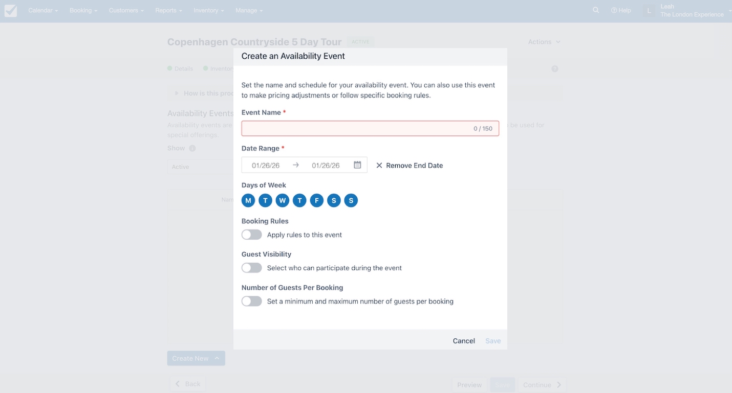 New availability dates product event form with fields for name, applicable date range, days of week, and more.