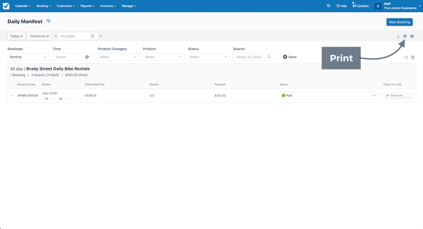 Daily manifest screen with a Brady Street Daily Bike Rentals booking and an arrow highlighting the print option.