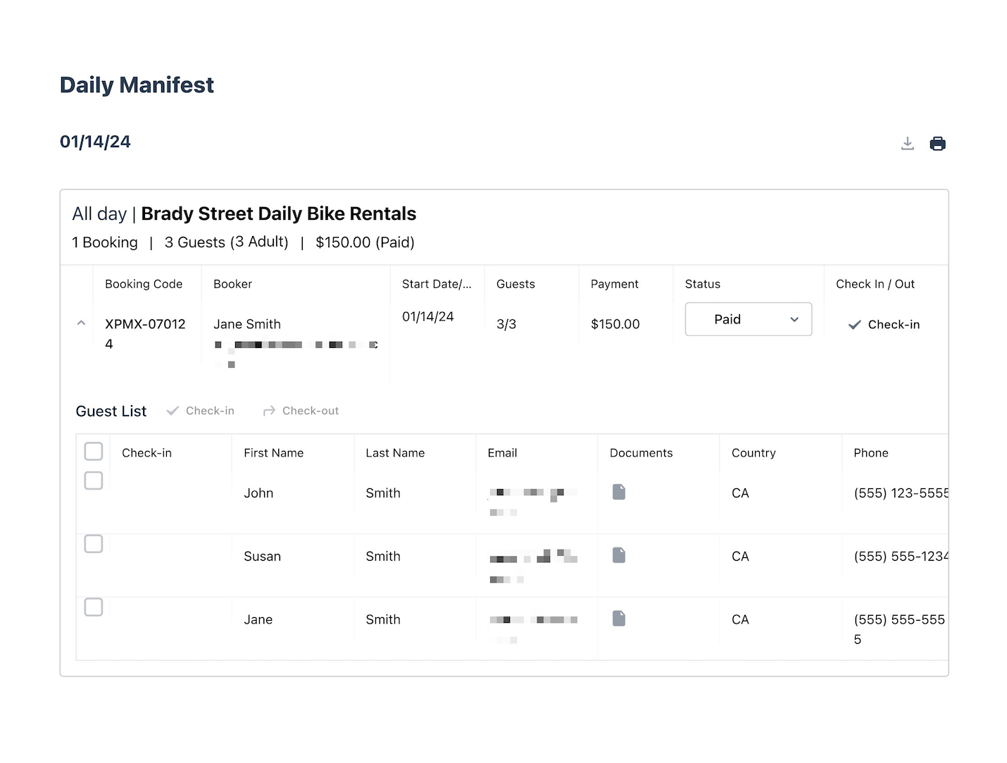 Printed daily manifest for Brady Street Daily Bike Rentals showing guest list with names, emails, country, phone numbers, and check-in checkboxes.